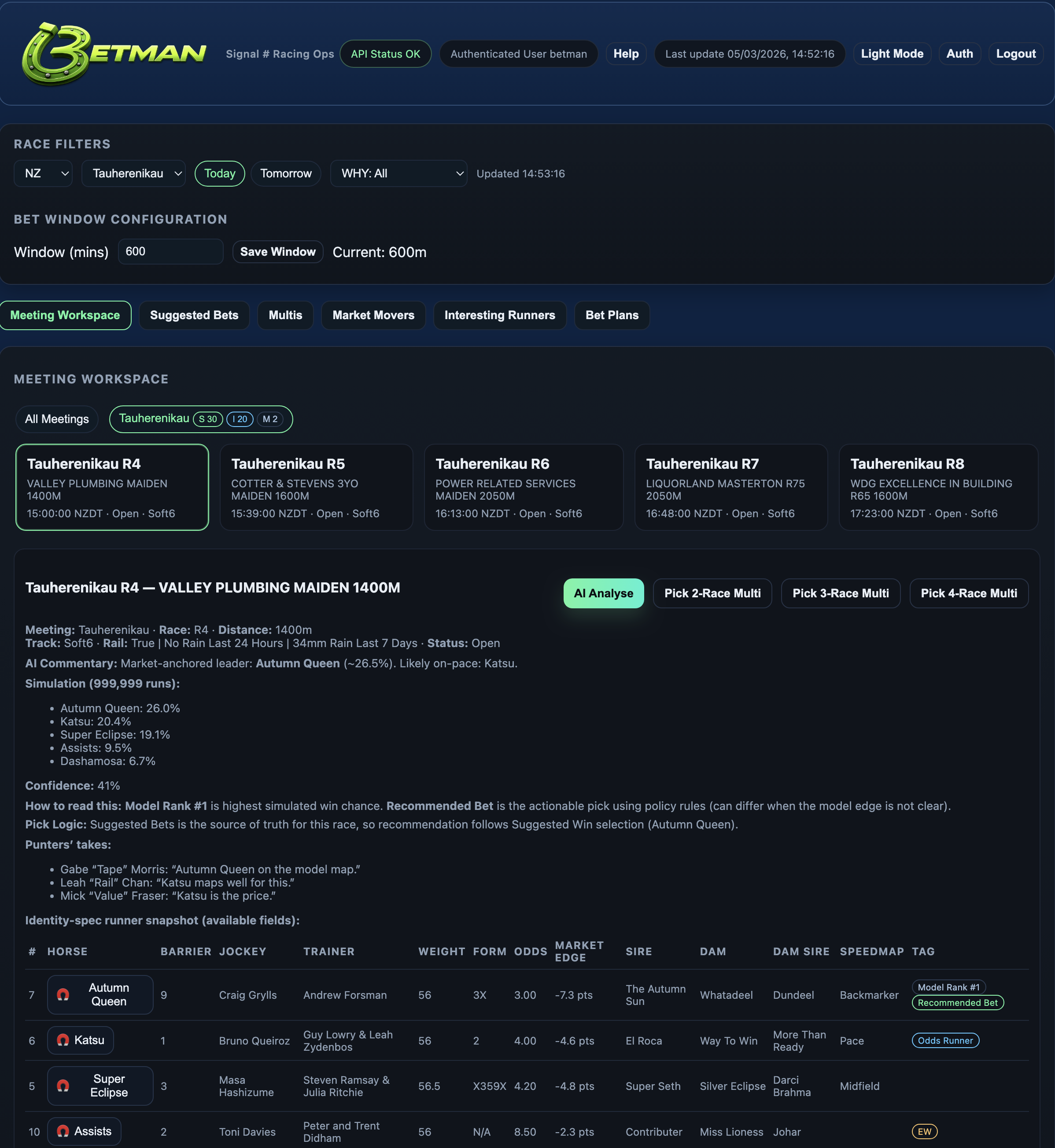 BETMAN one click race analysis screen