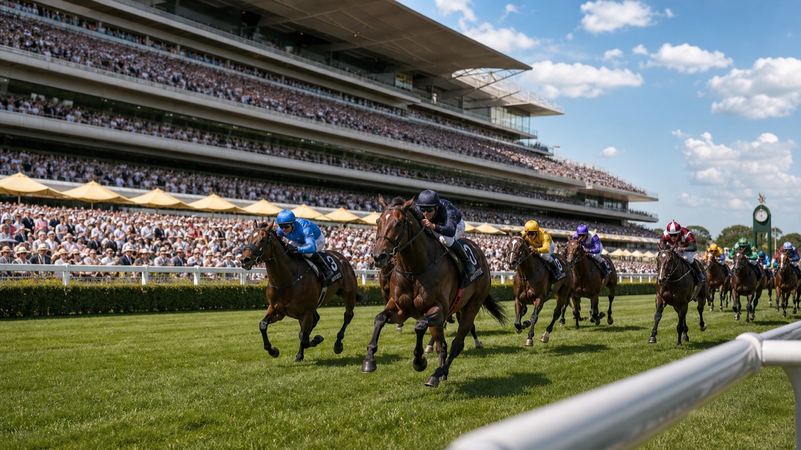 Thoroughbreds driving to the finish at a major racecourse