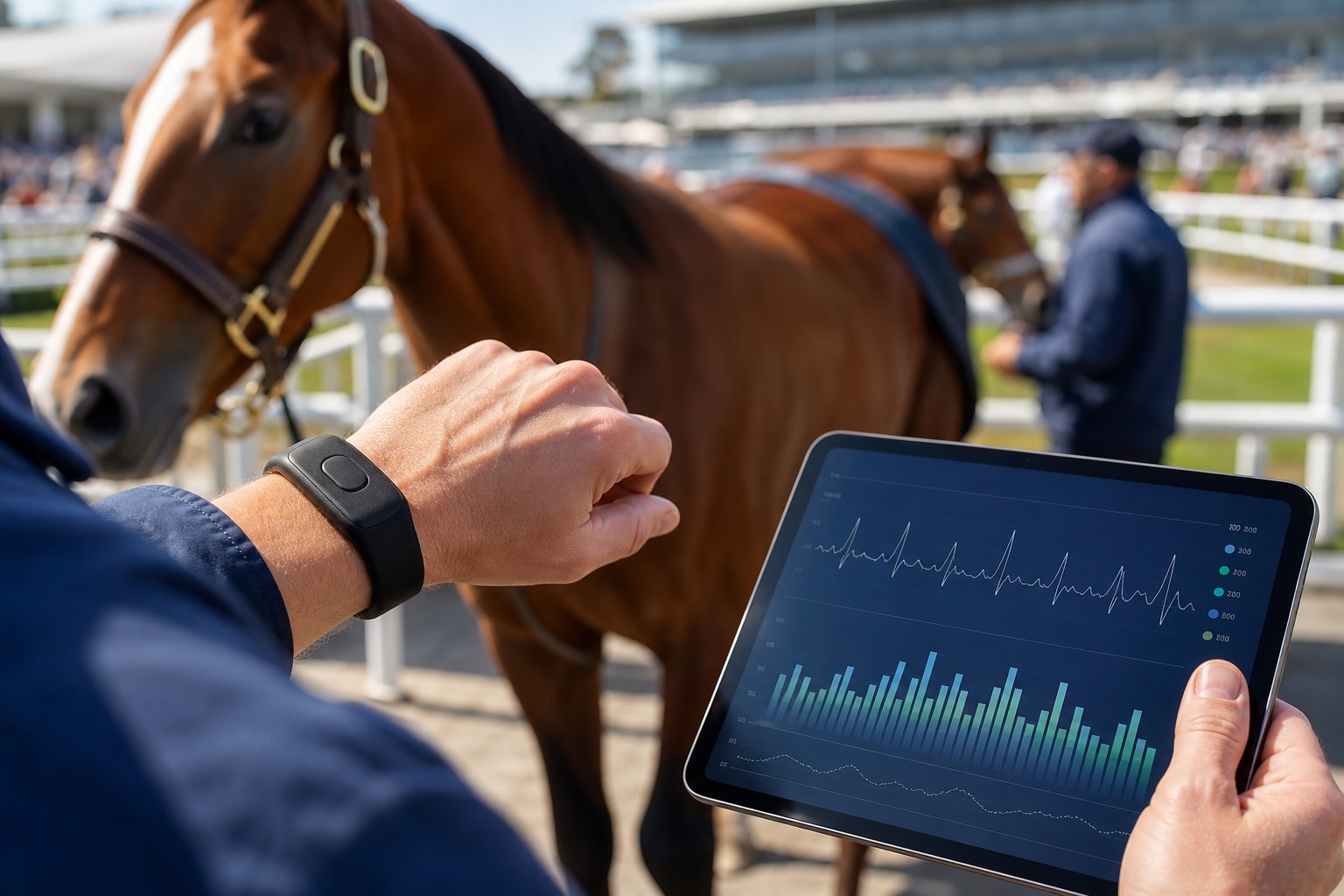 Trackside heart-rate sensing workflow with pulse data beside a thoroughbred