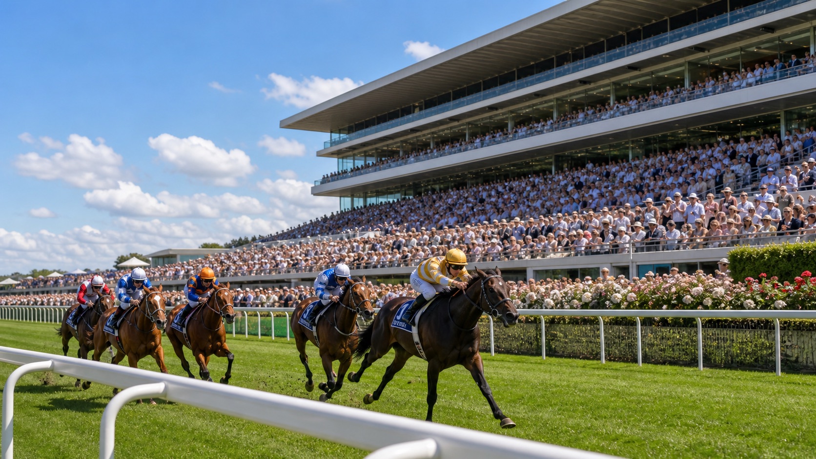 Thoroughbreds racing past a packed grandstand
