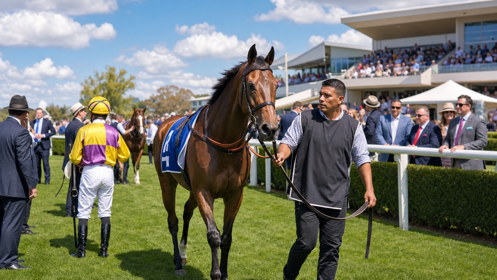 Race-day mounting yard and thoroughbred handler