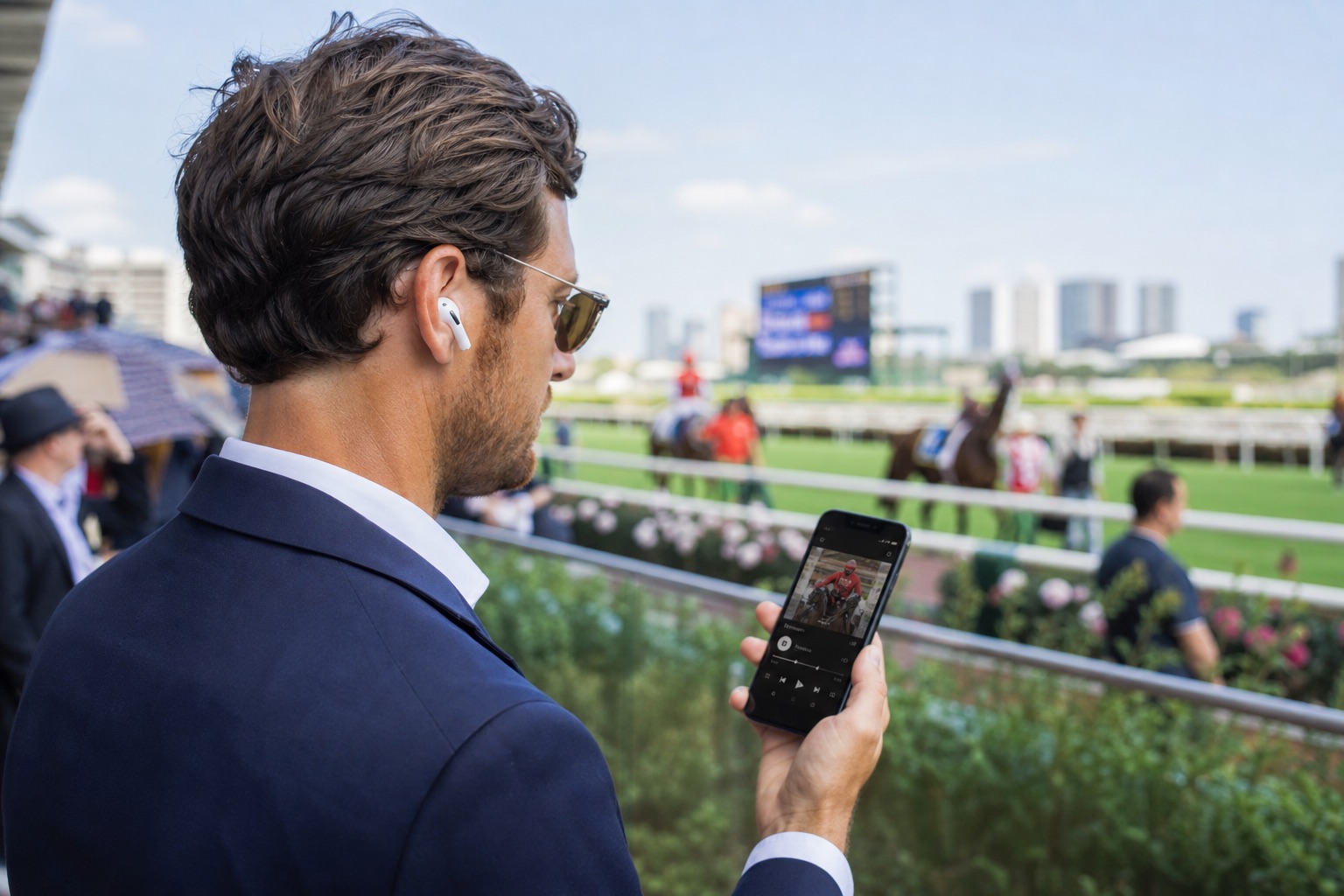 Racegoer listening to BETMAN Radio trackside on a mobile phone